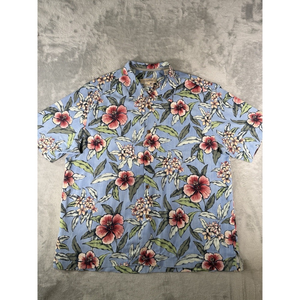 Tommy Bahama Shirt Mens 2XL Blue Floral Silk Traditional Fit Button Up Hawaiian